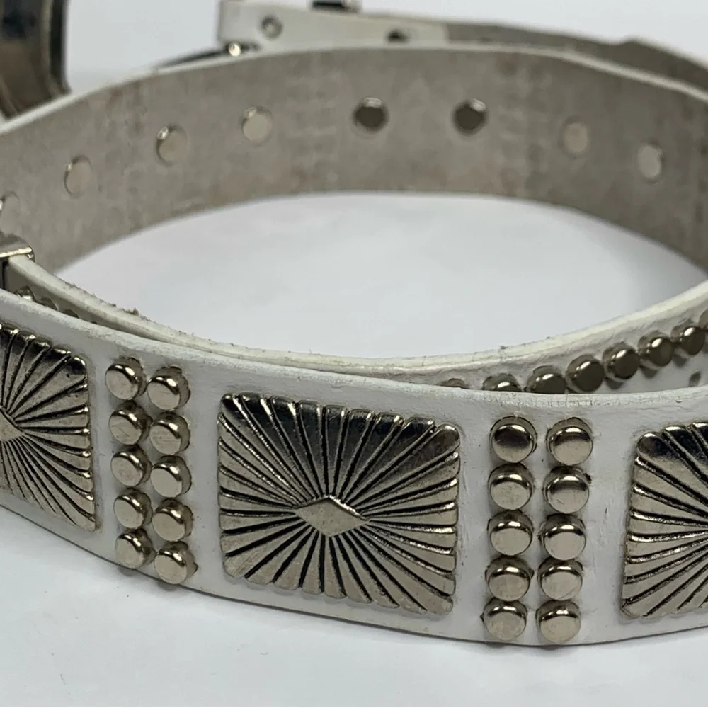 White Leather Western Highly Decorated 206 Silver Rivets 11 Square Accents Belt